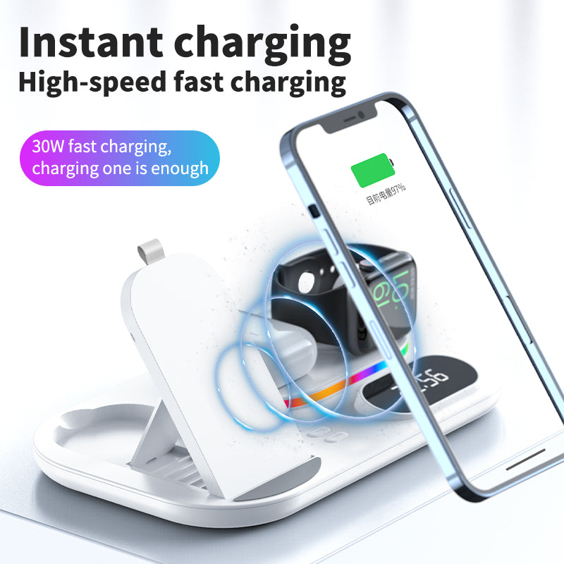 New Three-In-One Wireless Charger With Clock Fast Charging Rgb Atmosphere Light Multi-Function Wireless Charger For Mobile Phone