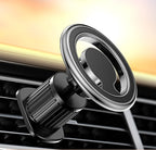 Apple 14/13 Magsafe magnetic holder clipped to car air vent, featuring 360 degree rotation and sleek metal finish.