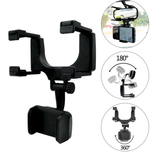 Adjustable rearview mirror phone mount with 360° rotation and secure grip, compatible with most smartphones for GPS use.