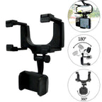 Adjustable rearview mirror phone mount with 360° rotation and secure grip, compatible with most smartphones for GPS use.
