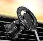 Magnetic car phone holder for Apple 14/13 with 360 degree rotation, mounted on air vent with durable black metal build.