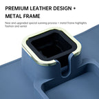 Close-up of silicone sofa cup holder with premium leather texture and gold metal frame, highlighting modern minimalist design.