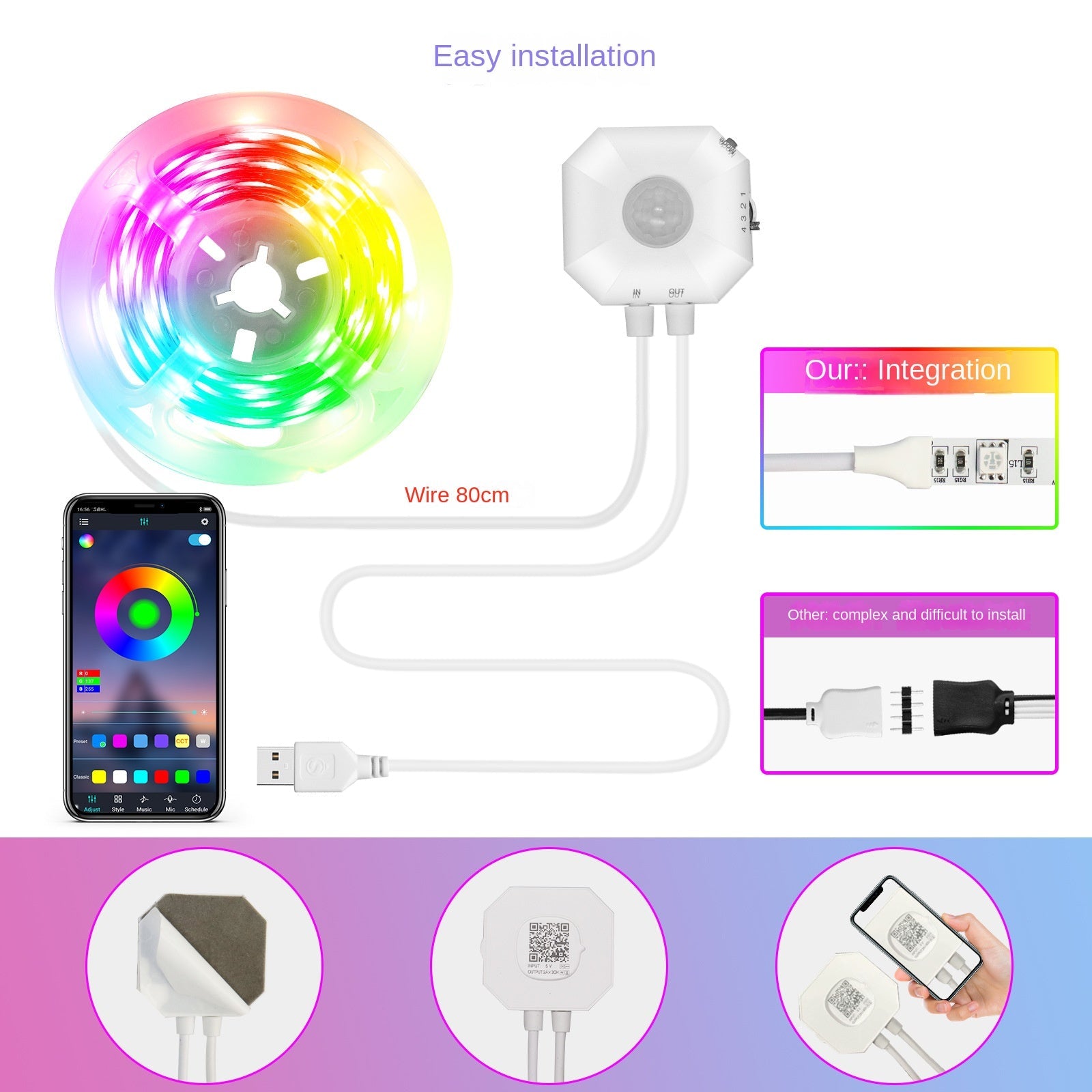 Colorful Bluetooth App Human Body Sensing Bedside Lamp with USB 5V 5050 Bedroom Induction eprolo