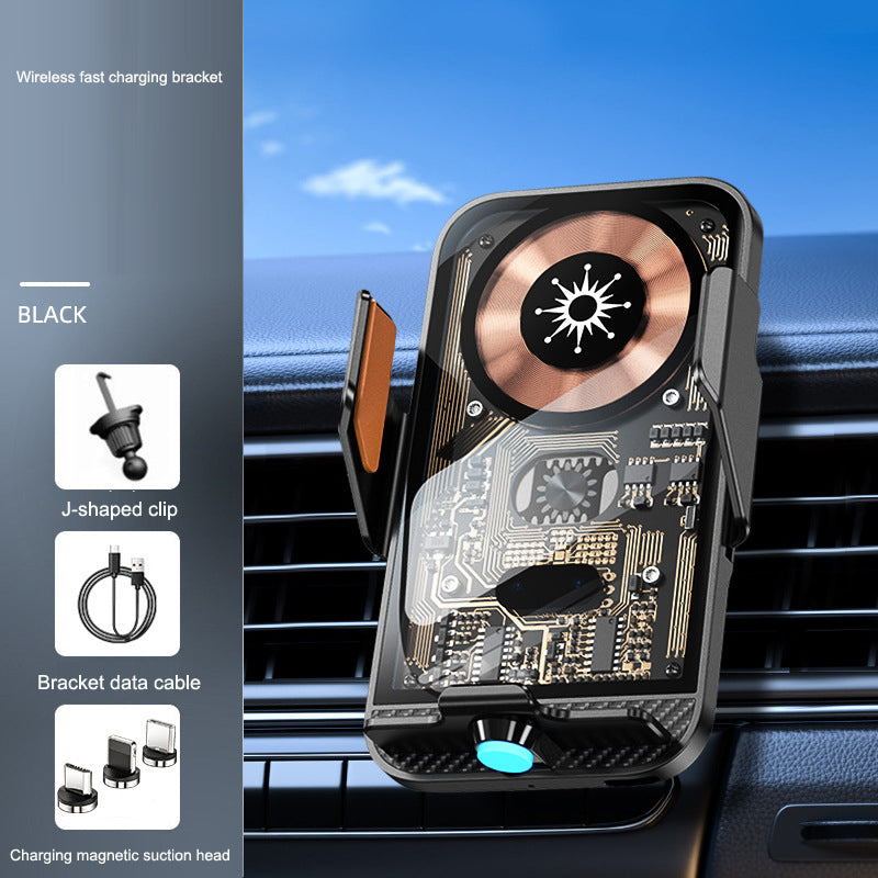 Black C11 car holder wireless charger with transparent panel, J-shaped clip, magnetic suction head, and fast charging cable included.