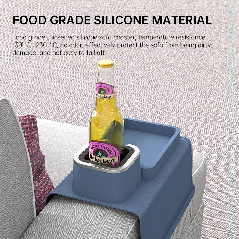 Blue silicone sofa coaster with Heineken bottle, showcasing food-grade material and secure armrest fit for beverages and snacks.