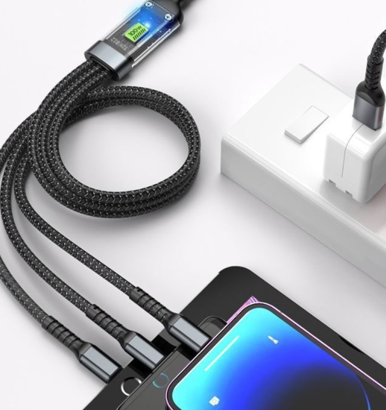 100W digital display light-emitting three in one fast charging one to three data cable suitable for Huawei Android Apple eprolo