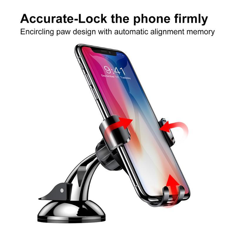 Baseus automatic clamping phone holder securely locking an iPhone with encircling paw design and memory alignment.