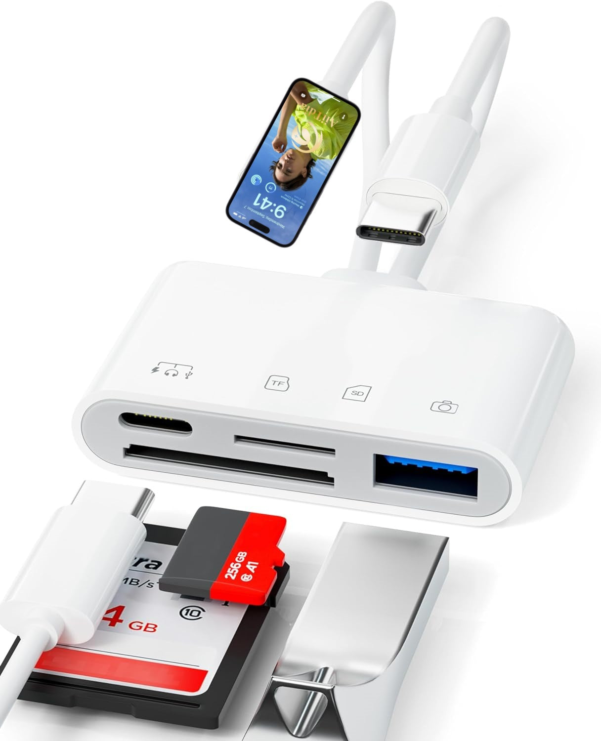 Dual line 4-in-1 mobile card reader suitable for Apple TypeC to TF/SD/USB/USB-C charging adapter eprolo
