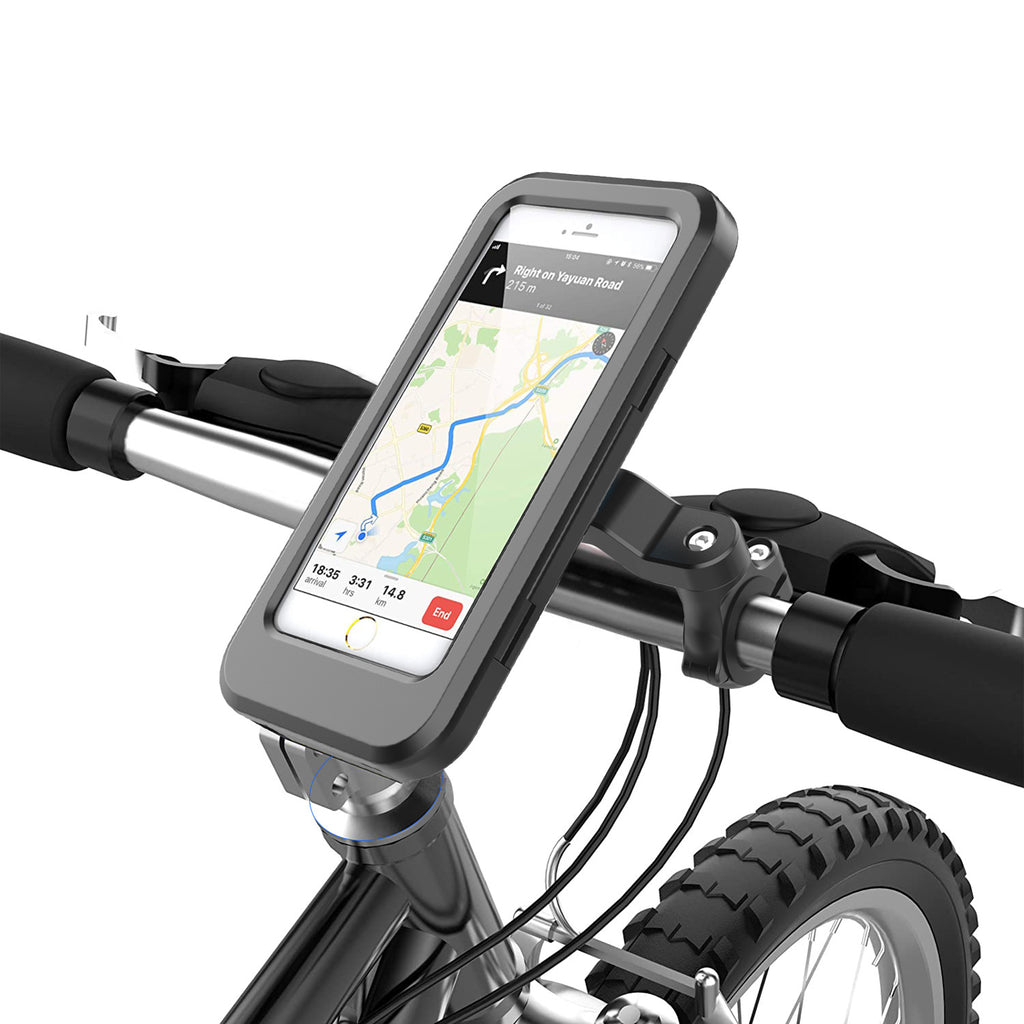 Bicycle Phone Holder Touch Screen Bag mounted on handlebars, showing GPS navigation on a smartphone for electric motorcycle or bike use.