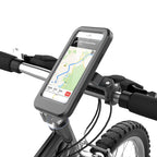 Bicycle Phone Holder Touch Screen Bag mounted on handlebars, showing GPS navigation on a smartphone for electric motorcycle or bike use.