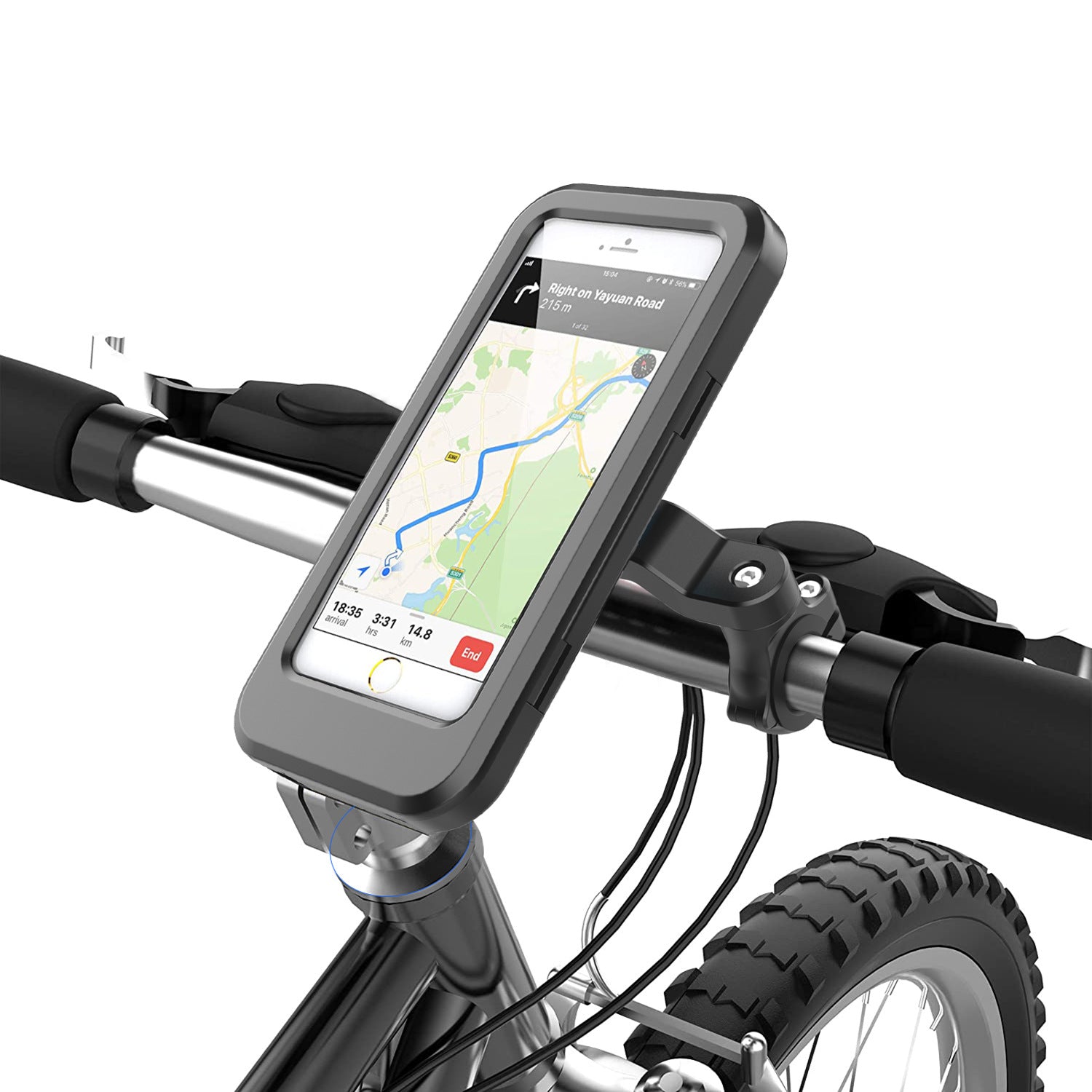 Bicycle Phone Holder Touch Screen Bag mounted on handlebars, showing GPS navigation on a smartphone for electric motorcycle or bike use.