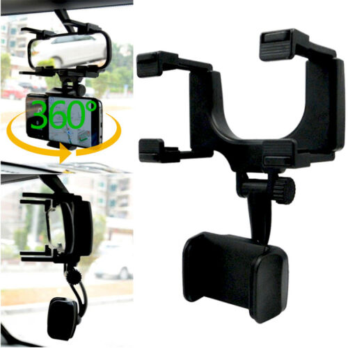 360° car rearview mirror mount stand holder for cell phone GPS, adjustable cradle with rotatable design for hands-free driving.