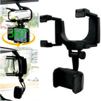 360° car rearview mirror mount stand holder for cell phone GPS, adjustable cradle with rotatable design for hands-free driving.