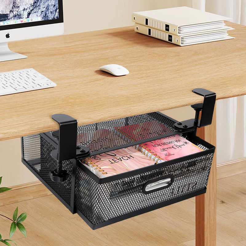 New punch-free under-desk drawer, hidden single-layer shelf, and metal lockable storage basket for office desks. eprolo