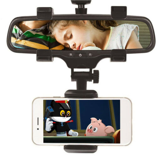 Universal rearview mirror phone holder cradle for 3-5.5 inch phones, ideal for in-car entertainment and navigation use.