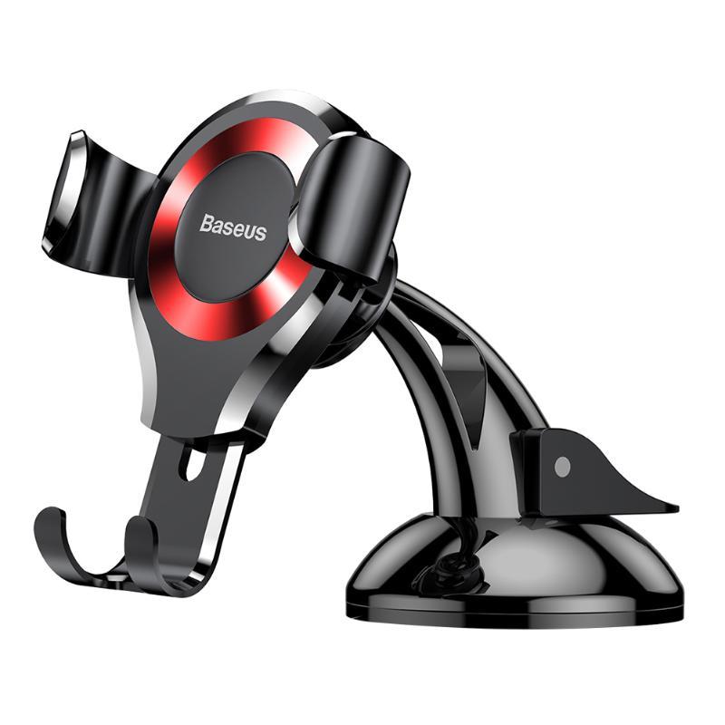 Baseus automatic clamping car phone holder with suction mount, black with red ring, compatible with iPhone and Samsung devices.