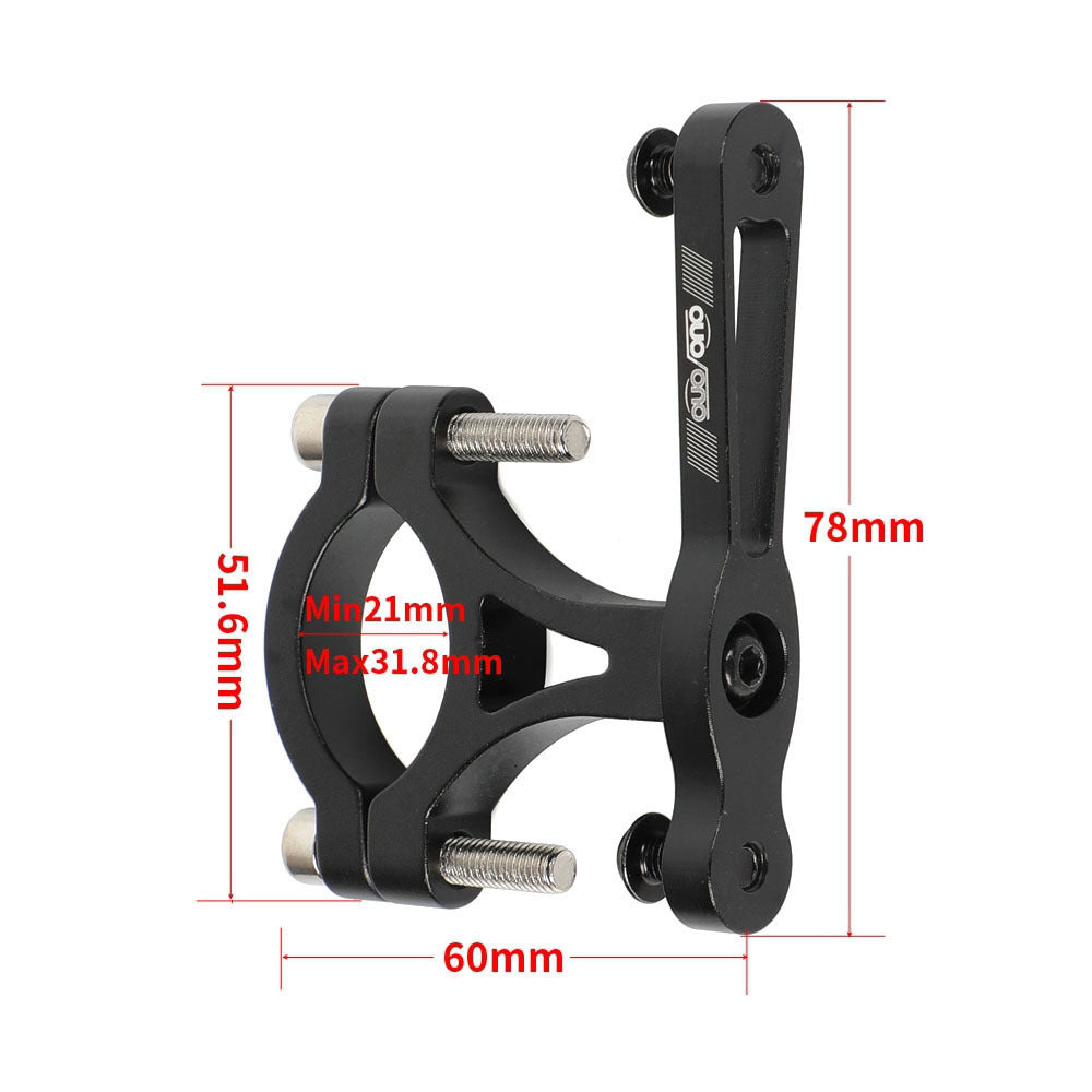 Close-up of OUO CNC Universal Water Bottle Holder Converter with size measurements for accurate bike frame compatibility.