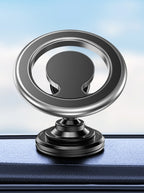 Apple 14/13 Magsafe magnetic holder with adhesive base, mounted on car dashboard, offering 360 degree rotation and strong magnetic grip.