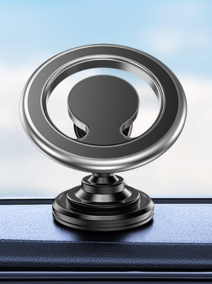 Apple 14/13 Magsafe magnetic holder with adhesive base, mounted on car dashboard, offering 360 degree rotation and strong magnetic grip.