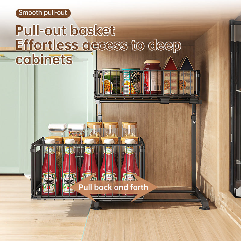 2-tier pull-out cabinet organizer, adjustable kitchen basket, under-sink organizer, spice rack, drawer slide. eprolo