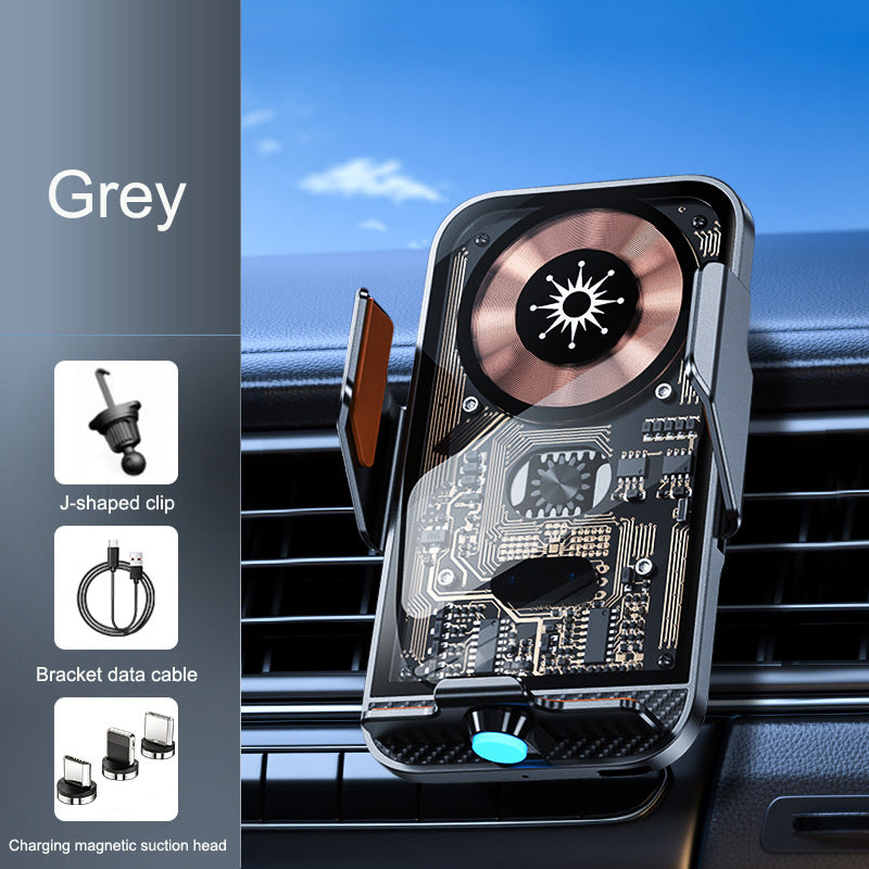 Grey C11 wireless phone charger holder with infrared induction, transparent design, and included mounting and charging accessories.
