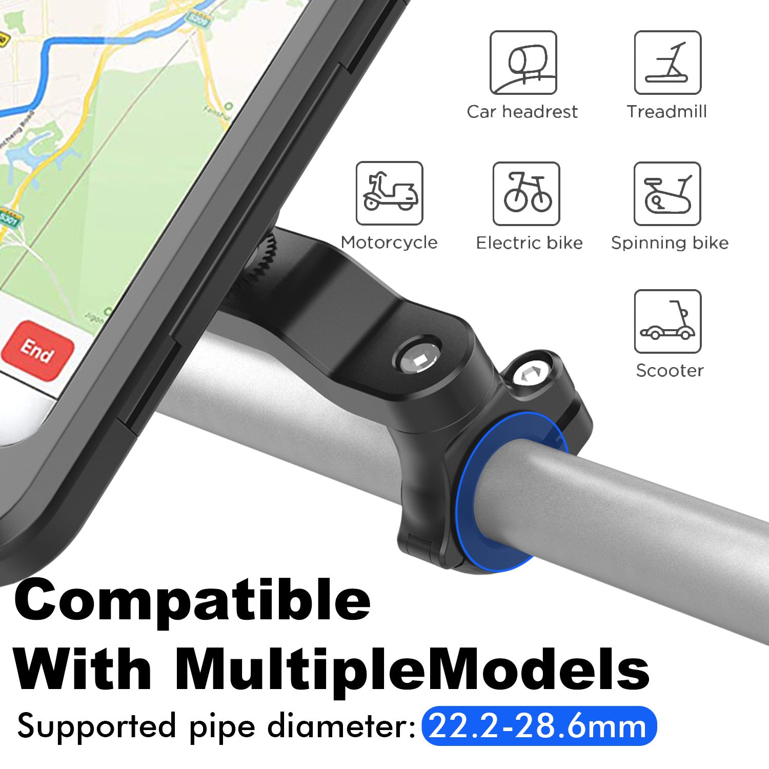 Universal Bicycle Phone Holder compatible with motorcycles, scooters, and bikes; fits pipe diameters 22.2–28.6mm for versatile riding equipment.