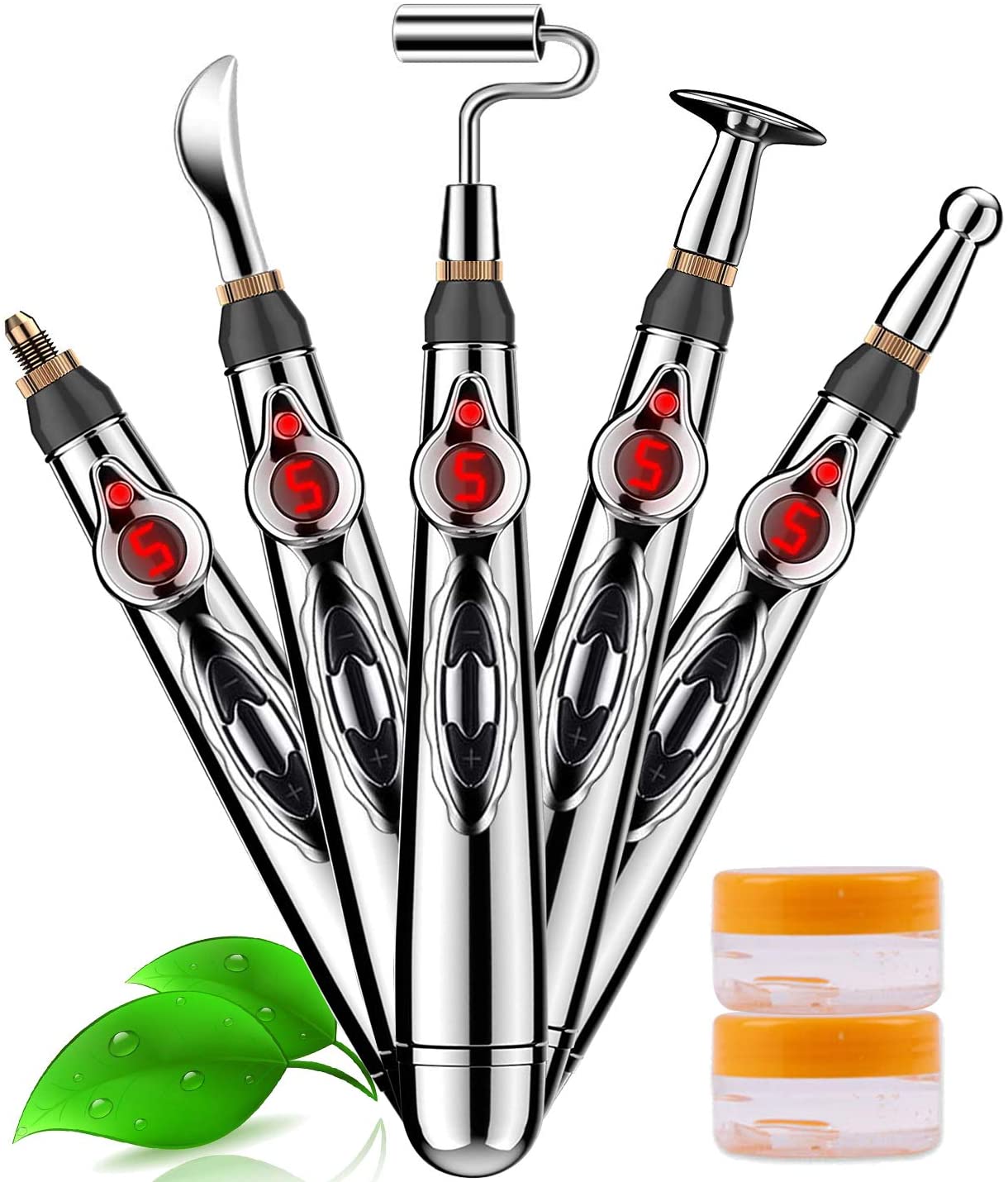 Front view of 5 in 1 Electronic Acupuncture Pen set with 5 therapy heads and two gel containers for pain relief and meridian energy massage.