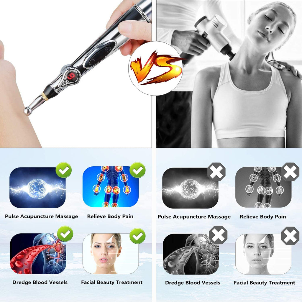 Comparison of 5 in 1 Electronic Acupuncture Pen vs traditional massage gun, highlighting benefits like pulse massage, pain relief, and facial treatment.