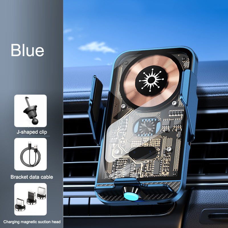 Blue C11 car phone holder with wireless charging, transparent tempered glass panel, and accessories for secure dashboard mounting.