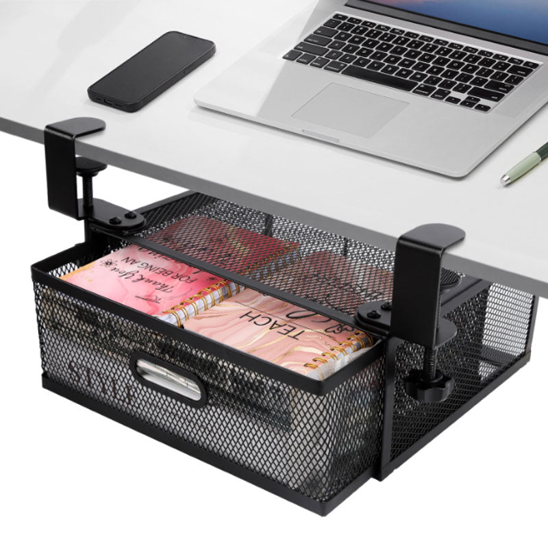 New punch-free under-desk drawer, hidden single-layer shelf, and metal lockable storage basket for office desks. eprolo