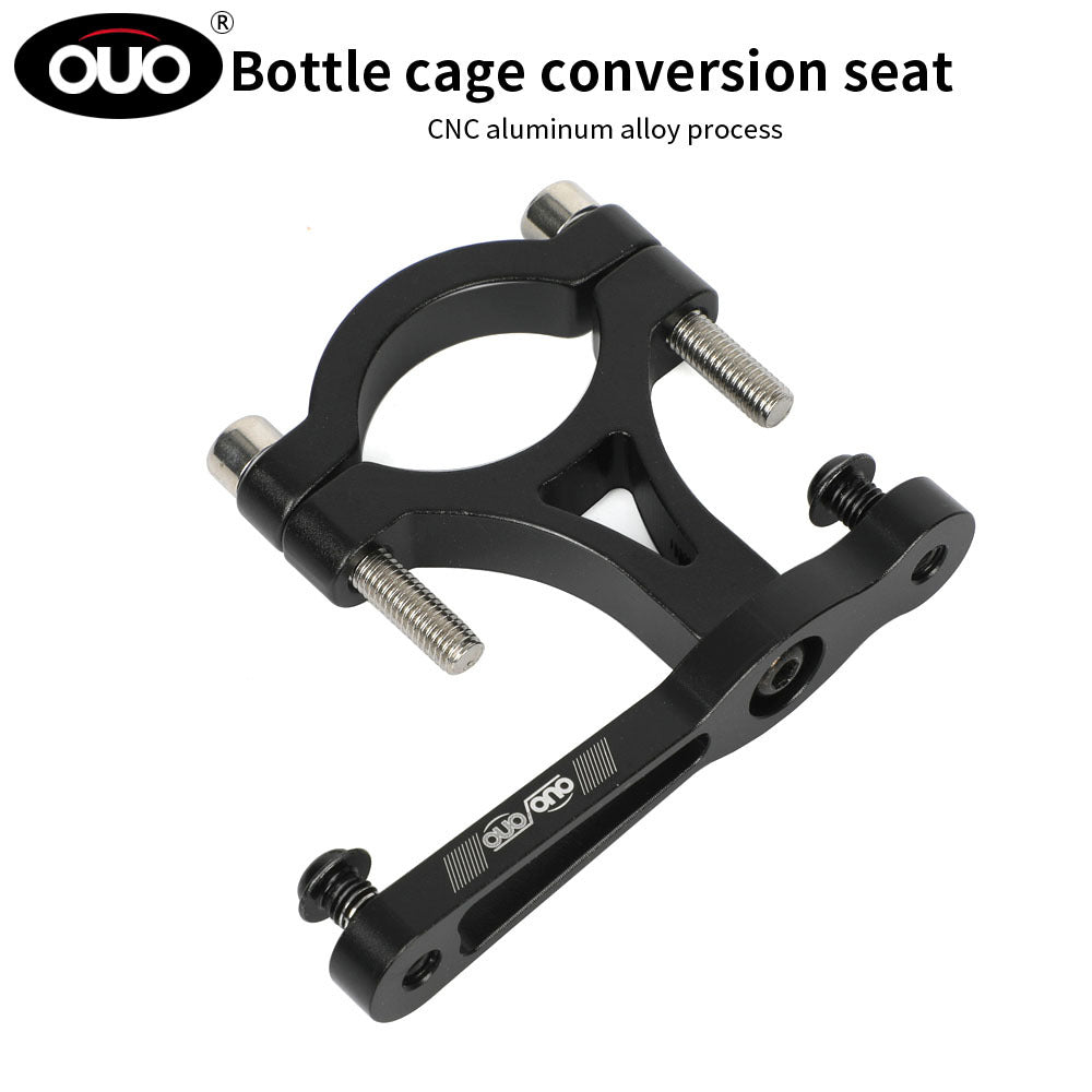 OUO Bicycle CNC Universal Water Bottle Holder Converter in black aluminum alloy with dual mounting bolts for secure attachment.