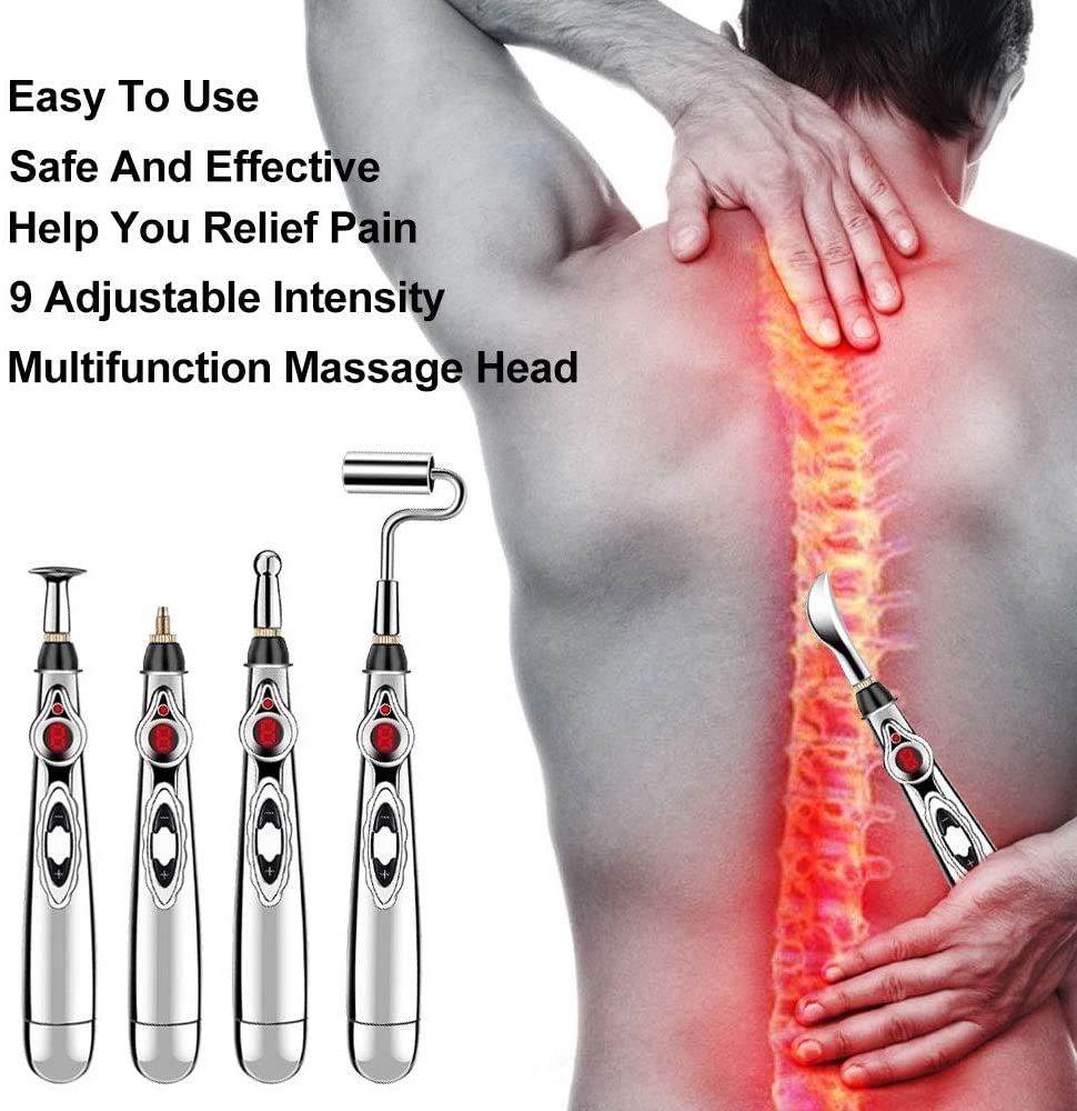 Man using 5 in 1 Electronic Acupuncture Pen on back with highlighted spine, showcasing pain relief, 9 intensity levels, and multifunction massage heads.