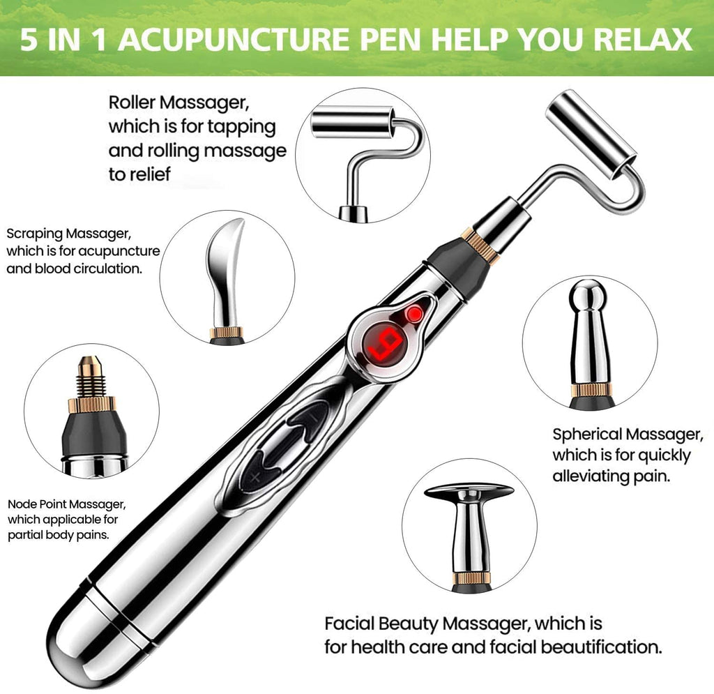 Detailed view of 5 in 1 Electronic Acupuncture Pen with labeled massage heads for facial beauty, pain relief, and blood circulation.
