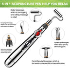 Detailed view of 5 in 1 Electronic Acupuncture Pen with labeled massage heads for facial beauty, pain relief, and blood circulation.