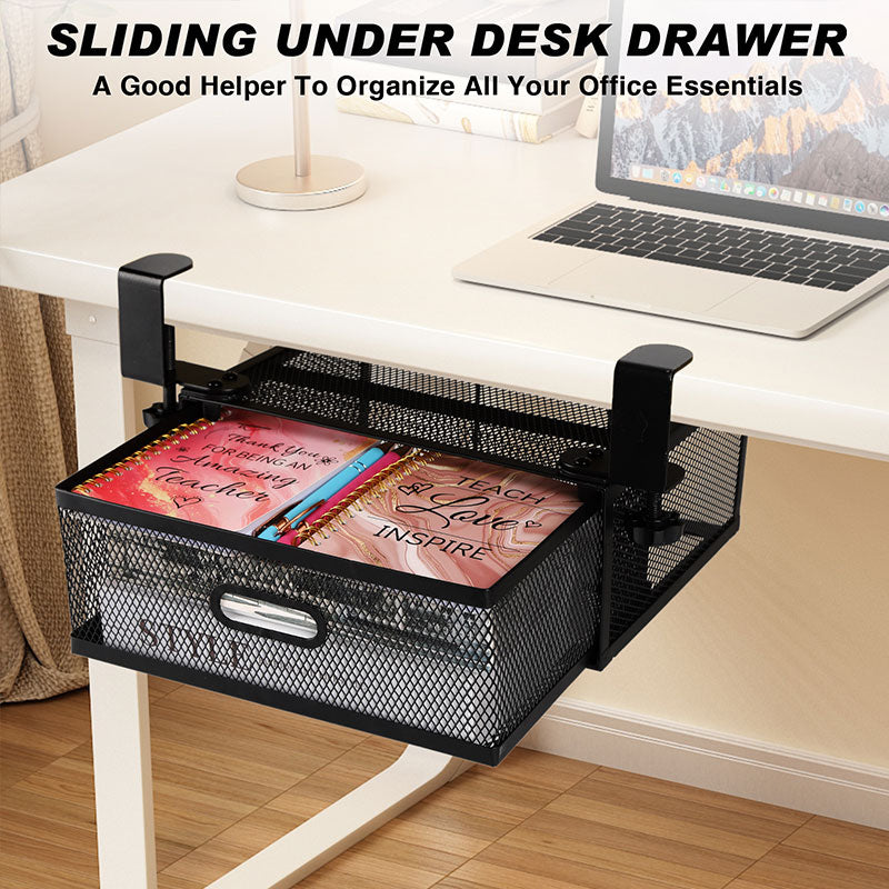 New punch-free under-desk drawer, hidden single-layer shelf, and metal lockable storage basket for office desks. eprolo