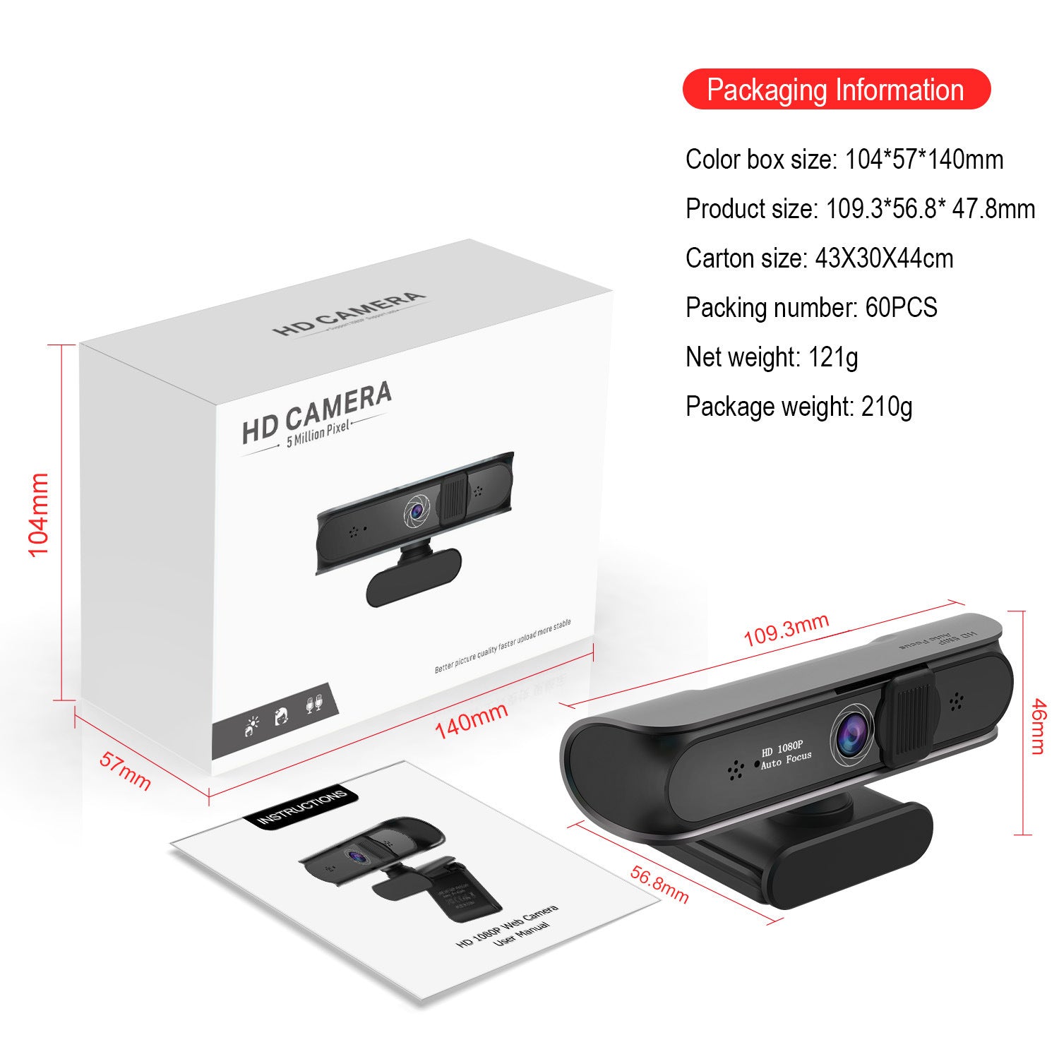Computer camera with 5 million AF autofocus and support for 1080P video conferencing and online courses eprolo