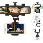 Rearview mirror phone holder with 180° and 360° rotation, securely mounts smartphones for GPS or media viewing while driving.