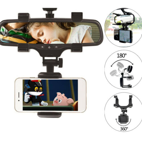Rearview mirror phone holder with 180° and 360° rotation, securely mounts smartphones for GPS or media viewing while driving.