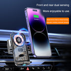 C11 car holder wireless phone charger with infrared induction and transparent punk style design, mounted on car air vent with phone charging.