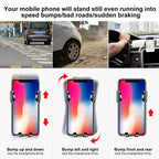 Baseus car mount phone holder keeping smartphone stable during bumps, braking, and rough roads with secure locking mechanism.