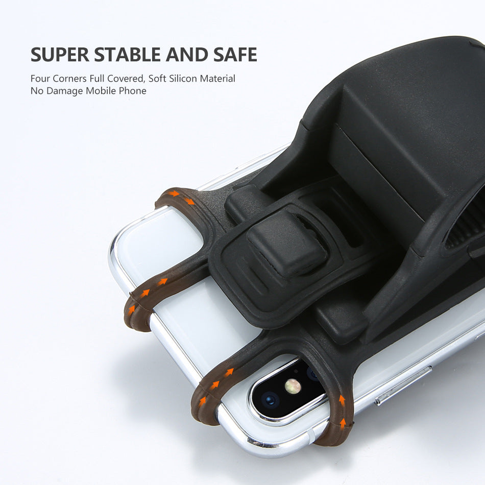 Close-up of shockproof silicone phone holder with full corner protection, ensuring stable and safe mount for mobile phones on bicycles.