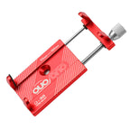 Red CNC aluminum alloy mobile phone holder with screw clamp and 55–100mm adjustment range for cycling and electric vehicle use.