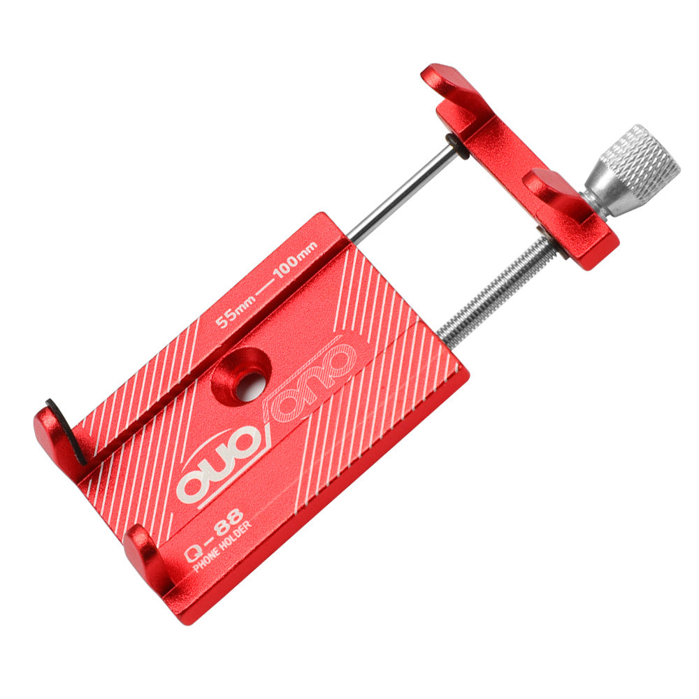 Red CNC aluminum alloy mobile phone holder with screw clamp and 55–100mm adjustment range for cycling and electric vehicle use.