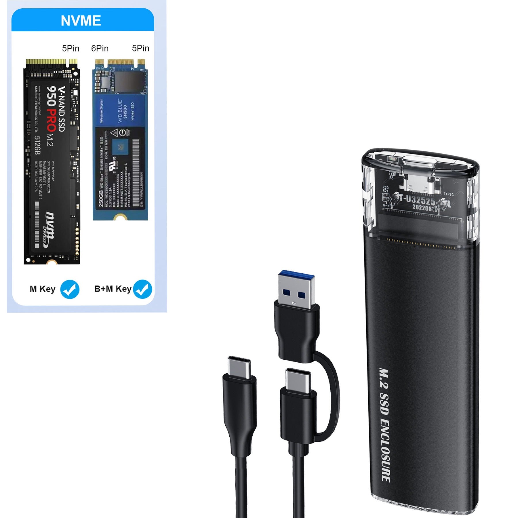 Tool free portable hard drive case transparent NVMe 10Gb M2 solid-state drive case type-C3.1 eprolo