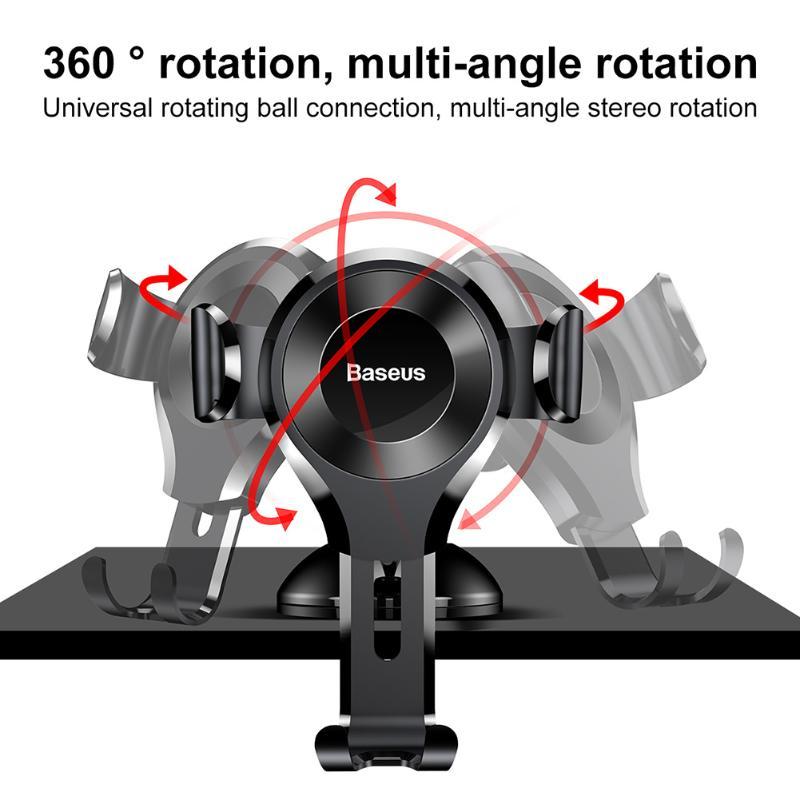 Baseus car phone holder with 360-degree rotation and multi-angle adjustment, featuring a universal rotating ball joint.