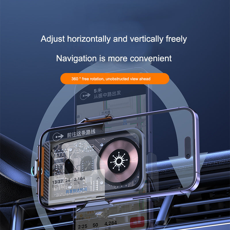 C11 wireless phone holder charger with 360° rotation for horizontal and vertical navigation, transparent tempered glass panel design.