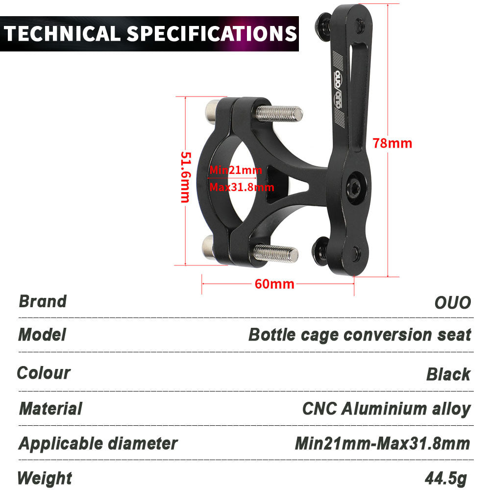 Technical specifications of OUO Bicycle CNC Water Bottle Holder Converter showing dimensions, weight, and material details.