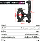 Technical specifications of OUO Bicycle CNC Water Bottle Holder Converter showing dimensions, weight, and material details.