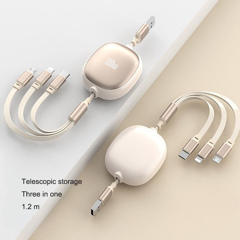 Aluminum alloy three in one telescopic data cable, super fast charging 100W portable one to three charging cable eprolo