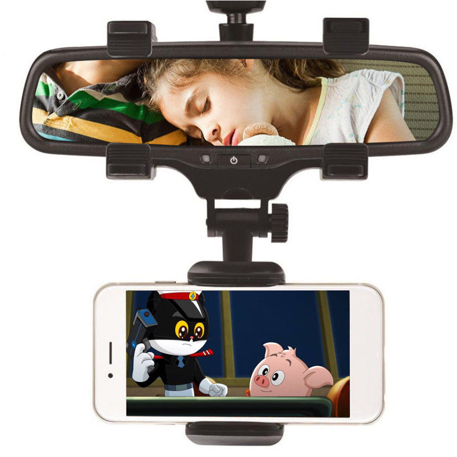 Rearview mirror phone holder cradle for cars, supports 360° rotation and fits phones 3-5.5 inches for convenient viewing.